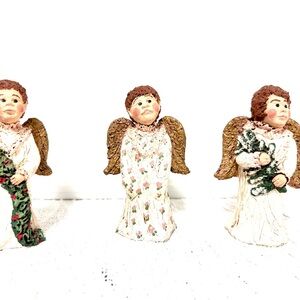 Vintage Primitive look Charming Angel Figurines with Gold Wings set of 3